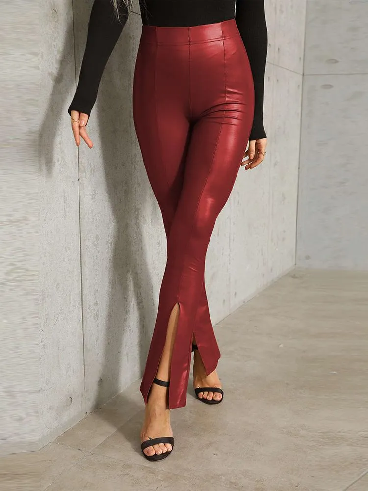 Stylish High-waist Slit Hem Slim Flared Leather Pants