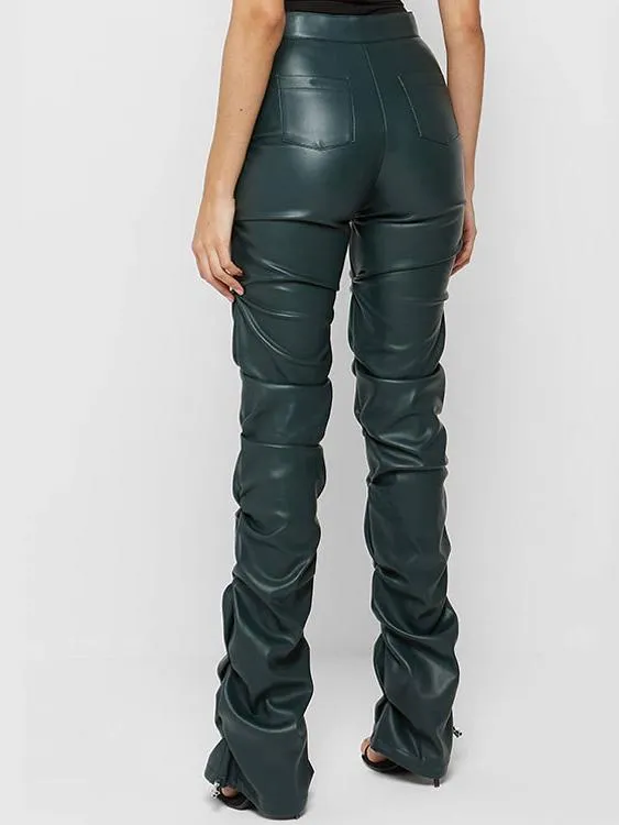 Stylish Zipper High-waist Pleated Slim Leather Pants