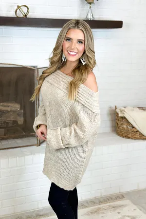 Taupe Off Shoulder Knit Sweater