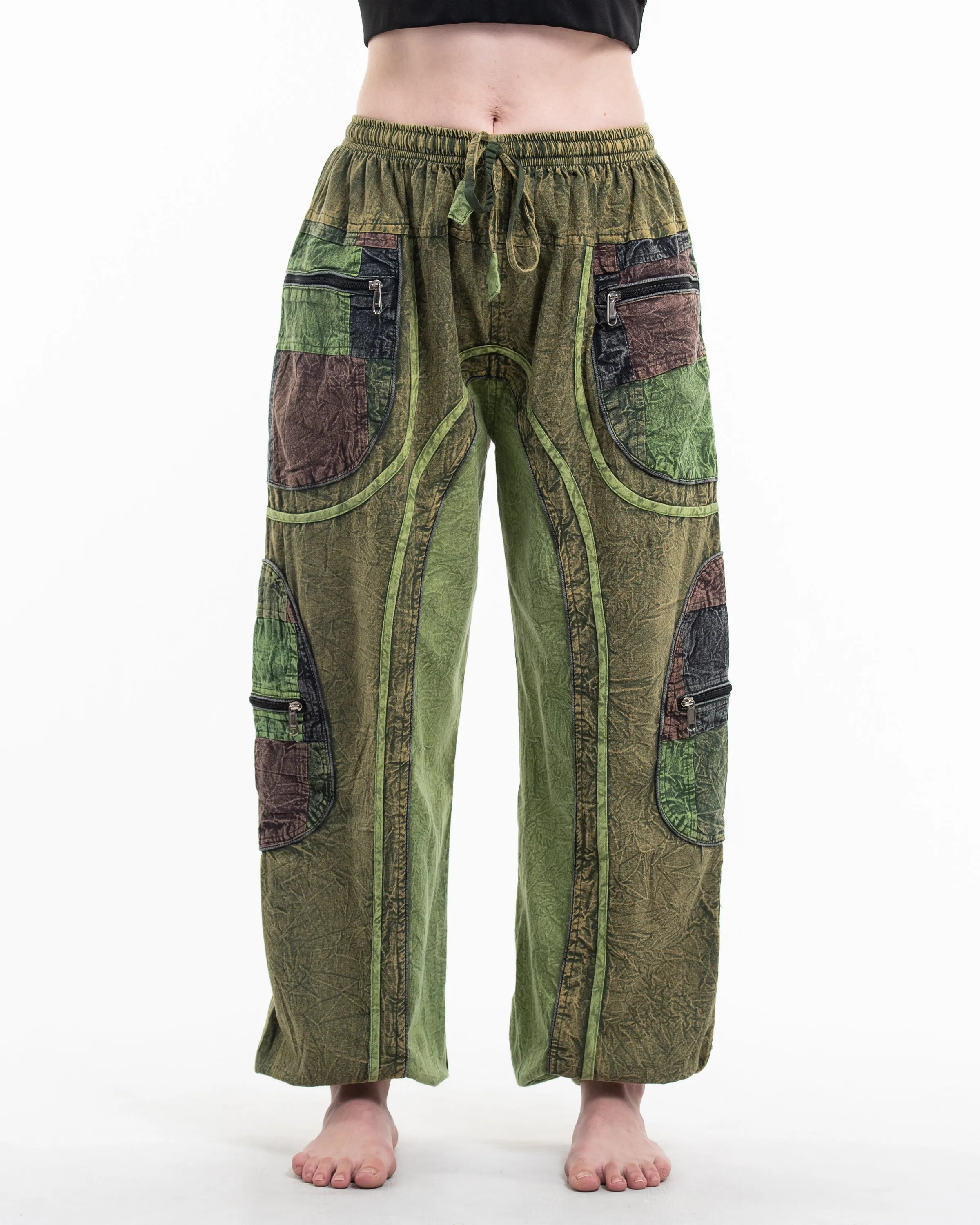 Unisex Patchwork Stone Washed Cargo Cotton Pants in Green 01