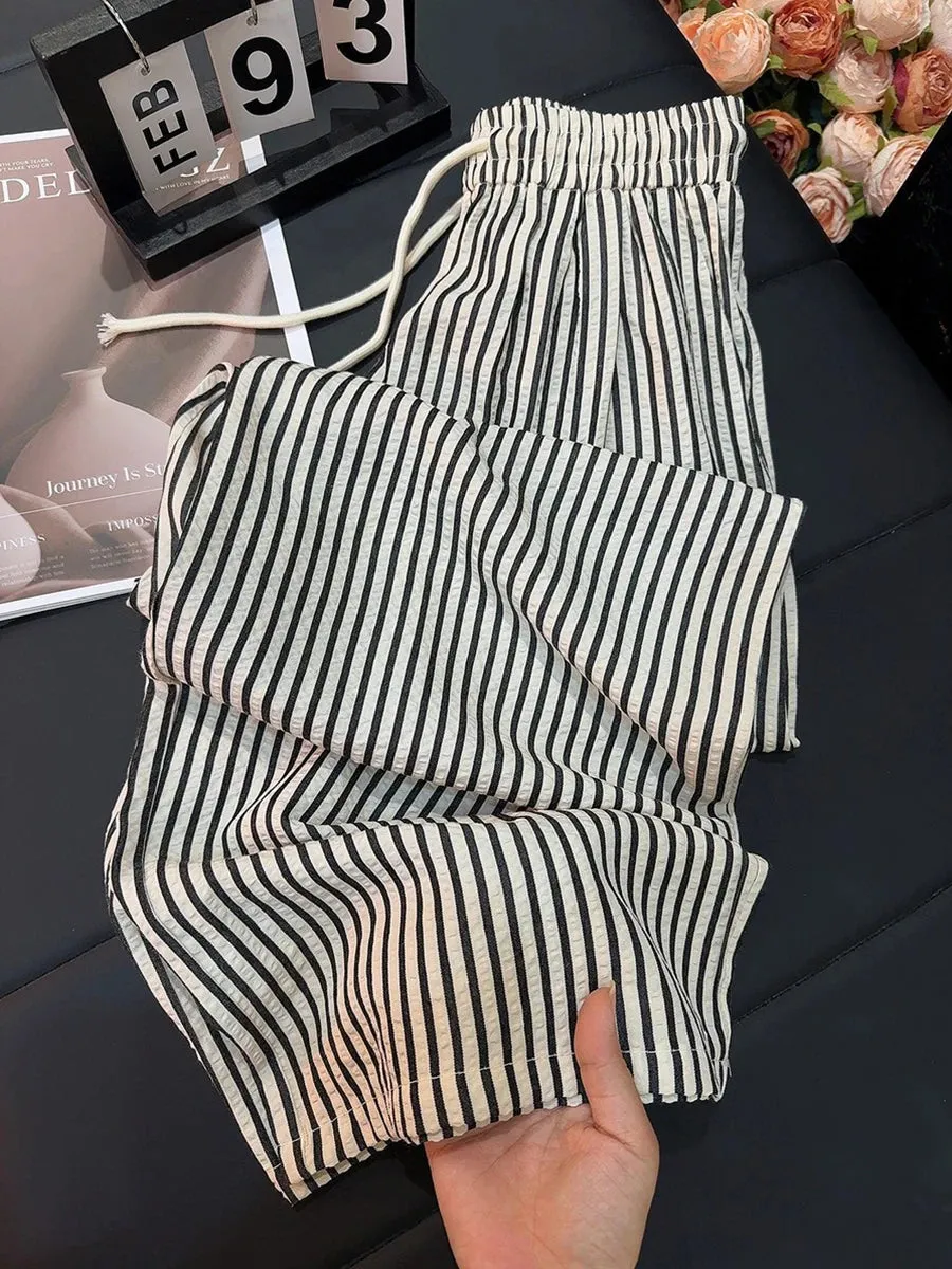 VAIGE Black and White Striped Loose Wide Leg Pants for Spring Summer Casual Wear, Full Length Elastic Waist Sweatpants in Polyester