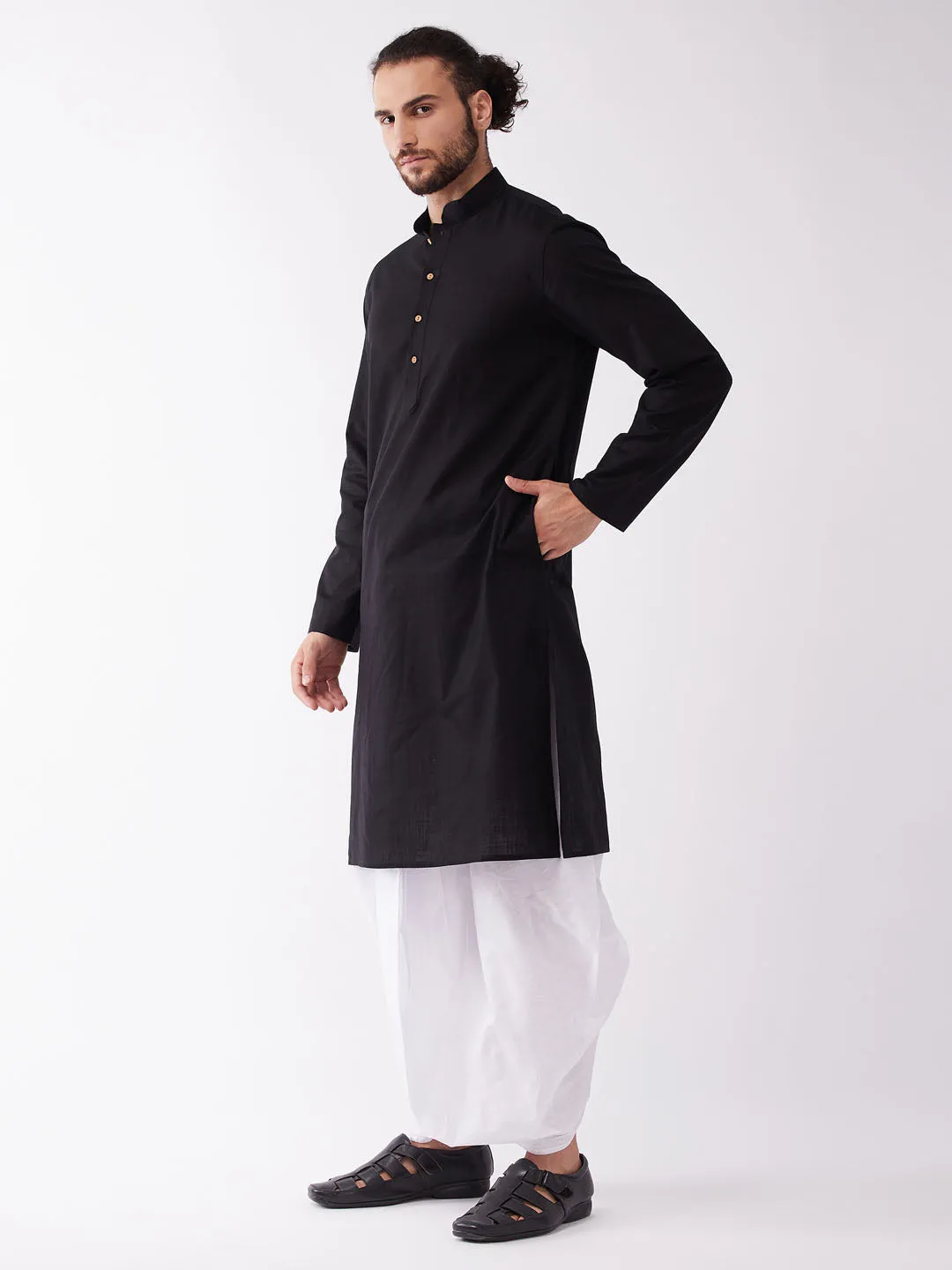 VASTRAMAY Black Cotton Blend Kurta Dhoti Set