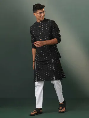 VASTRAMAY Black Cotton Jacket Kurta Set