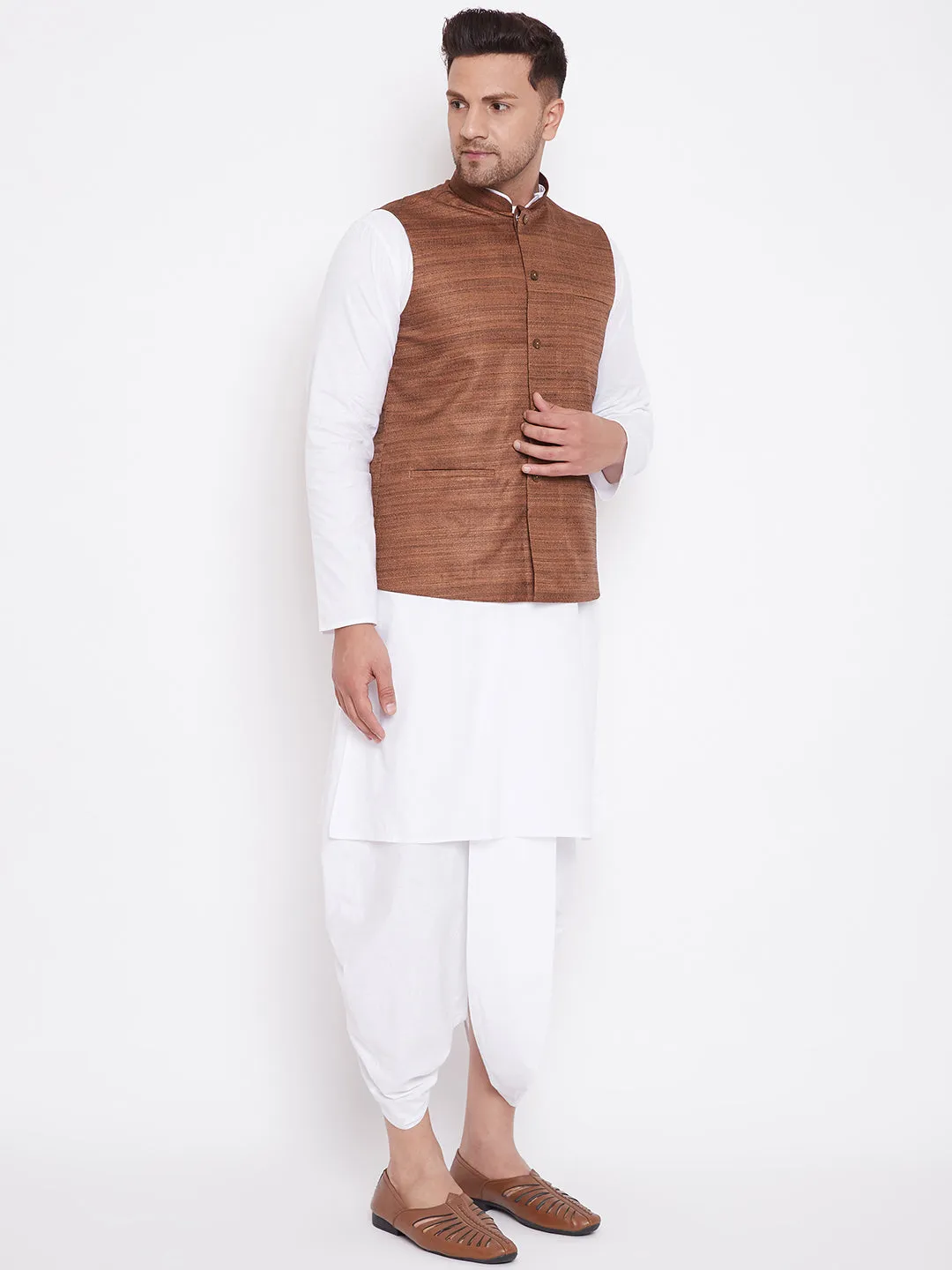 VASTRAMAY Brown Color Cotton Silk Nehru Jacket & White Dhoti Kurta Baap Beta Set