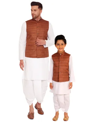 VASTRAMAY Brown Color Cotton Silk Nehru Jacket & White Dhoti Kurta Baap Beta Set