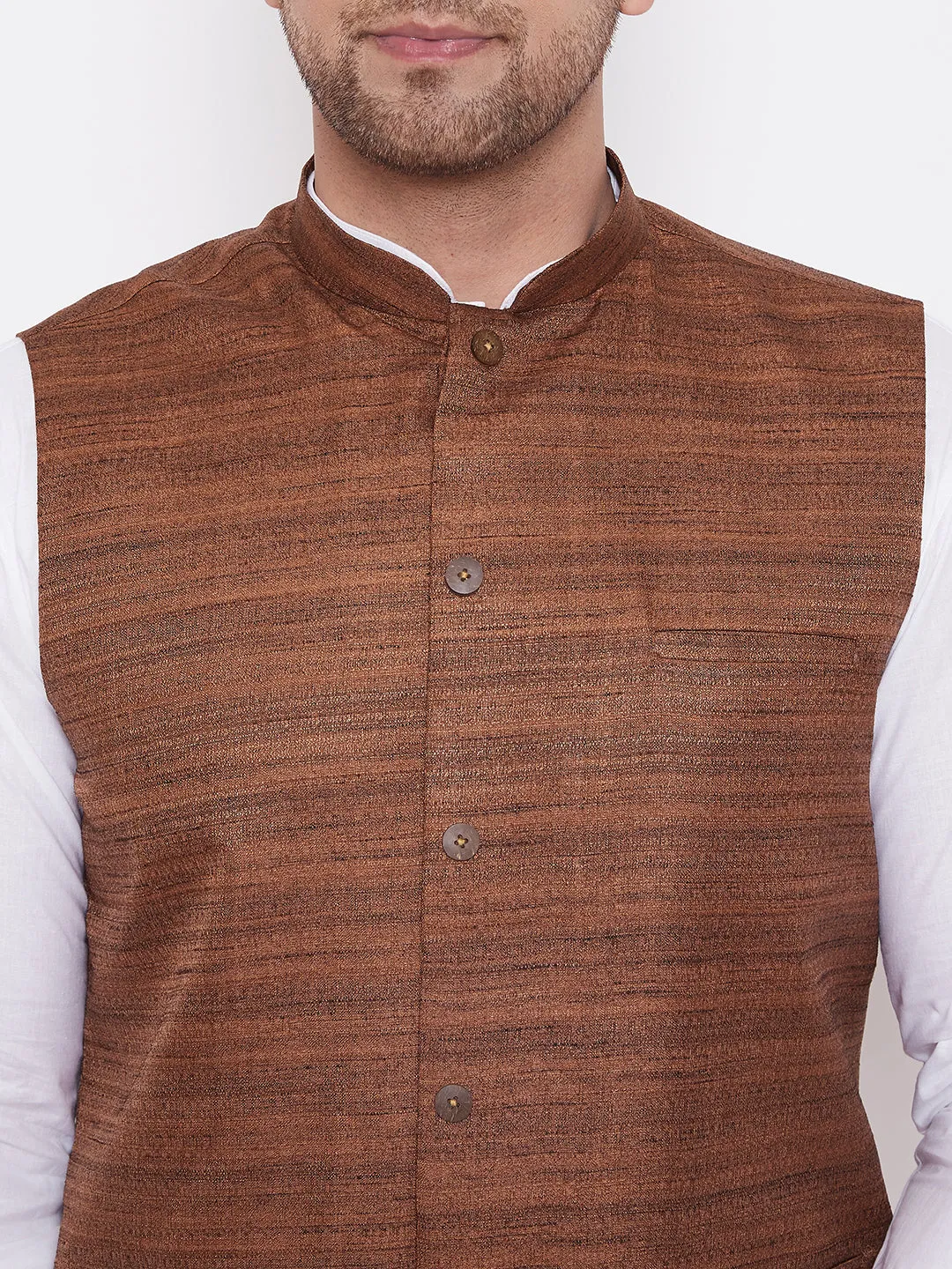 VASTRAMAY Brown Color Cotton Silk Nehru Jacket & White Dhoti Kurta Baap Beta Set