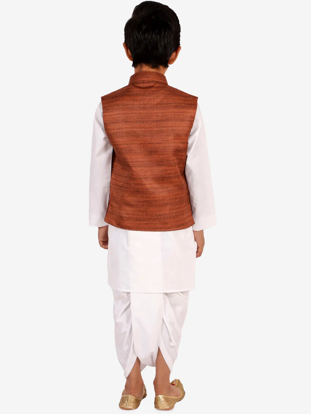 VASTRAMAY Brown Color Cotton Silk Nehru Jacket & White Dhoti Kurta Baap Beta Set