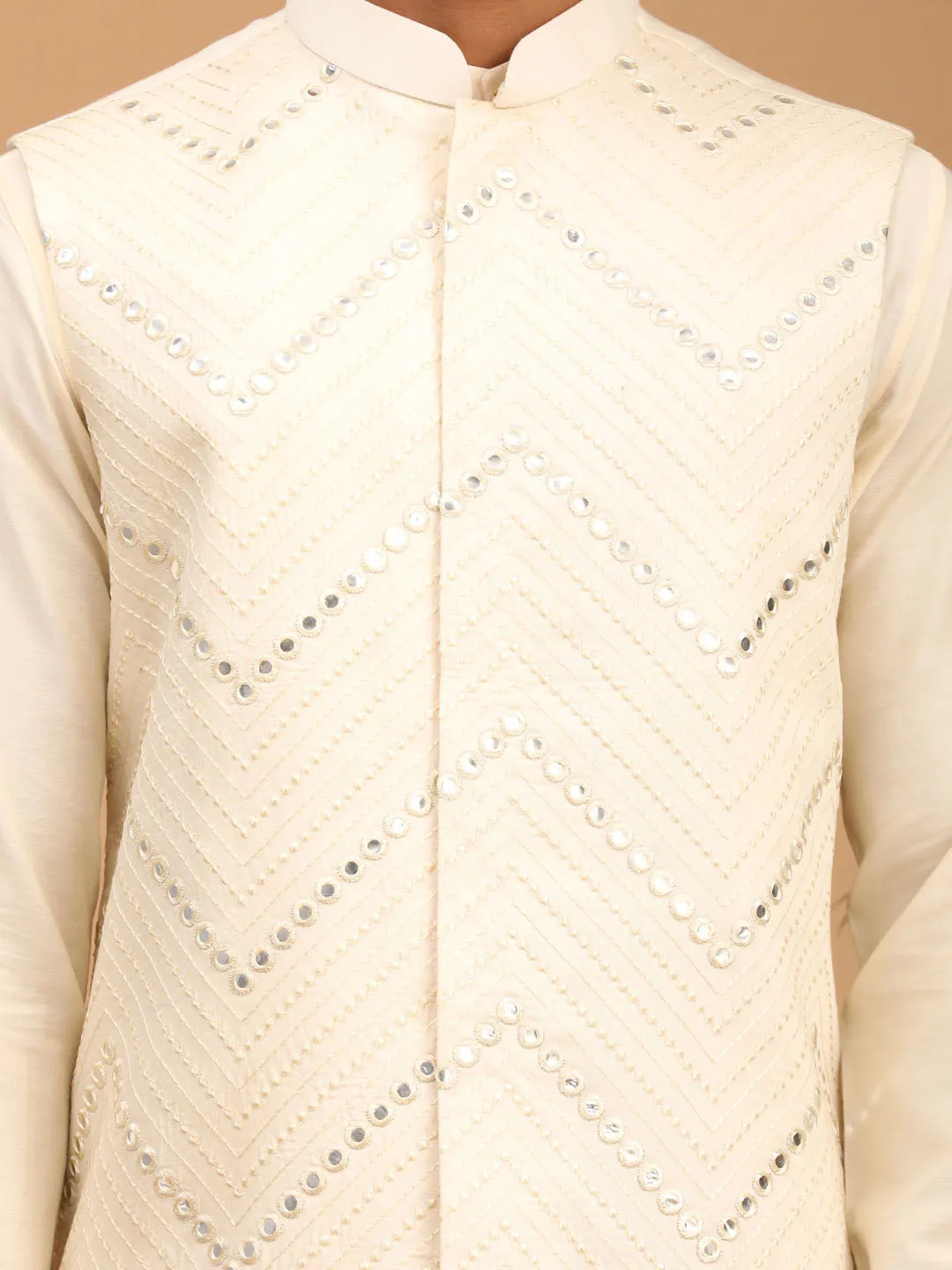 Vastramay Cream Mirror Jacket Kurta Set