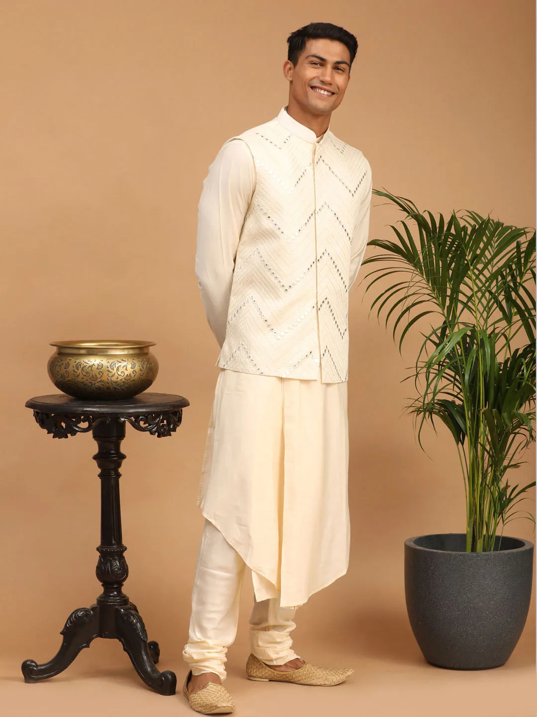 Vastramay Cream Mirror Jacket Kurta Set