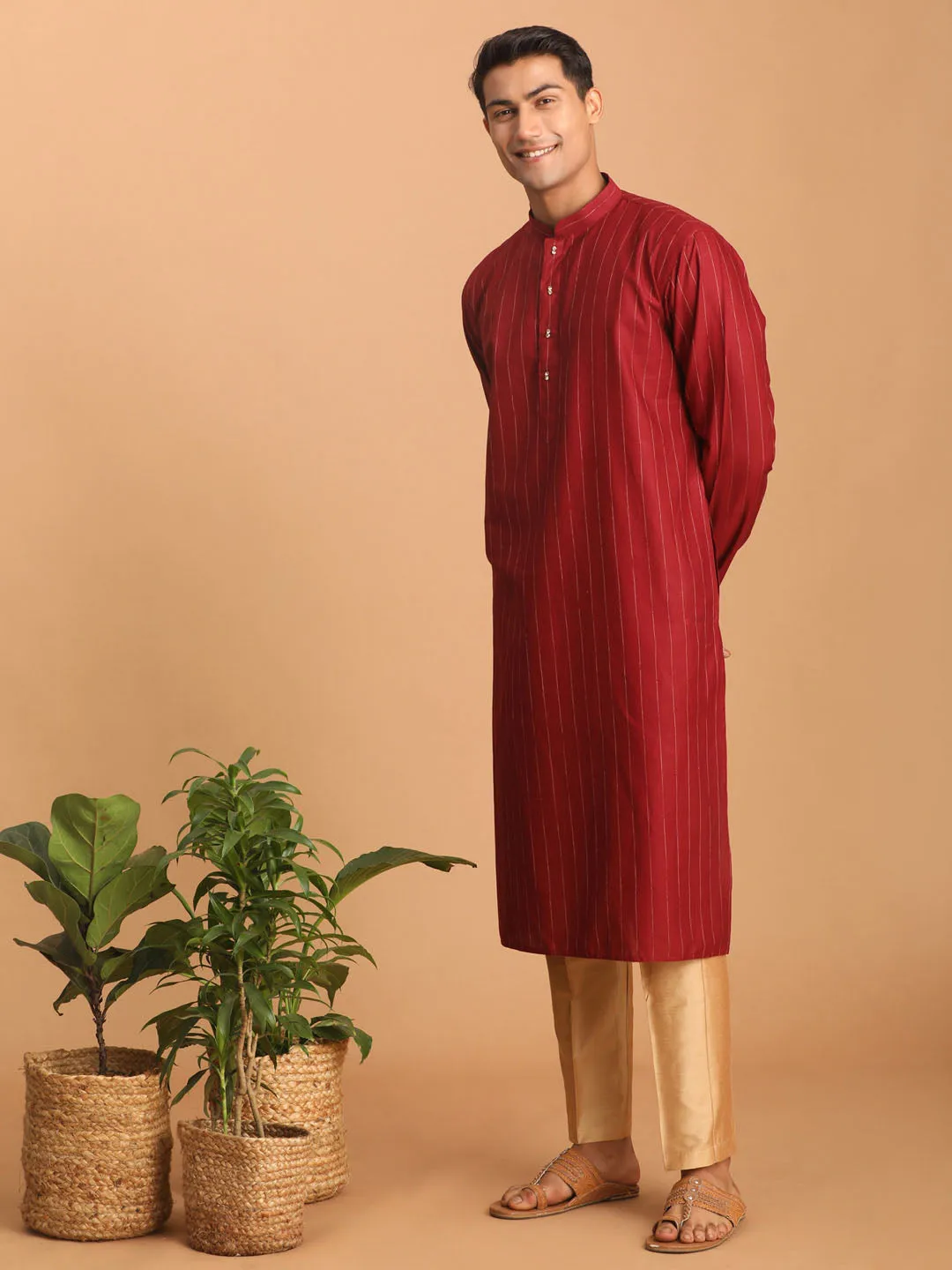 VASTRAMAY Maroon Striped Kurta and Pant Set