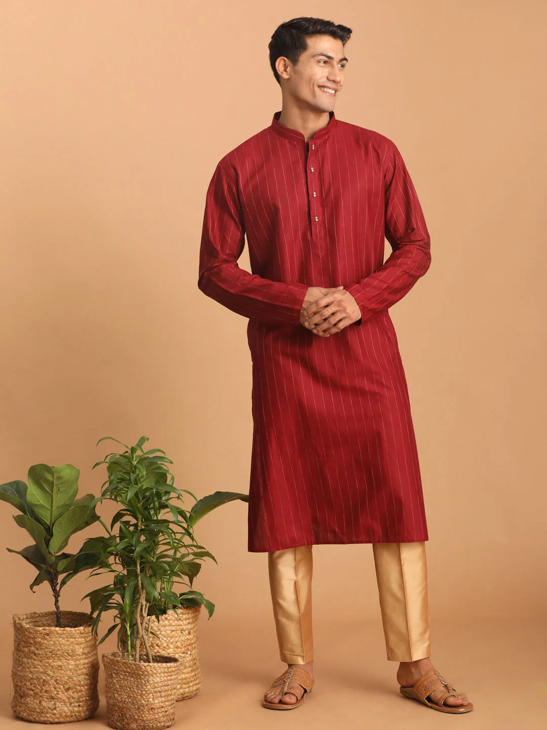 VASTRAMAY Maroon Striped Kurta and Pant Set