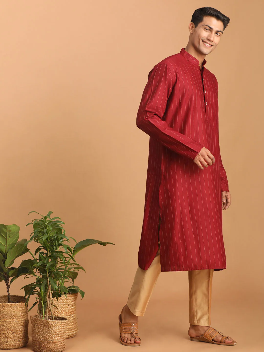 VASTRAMAY Maroon Striped Kurta and Pant Set