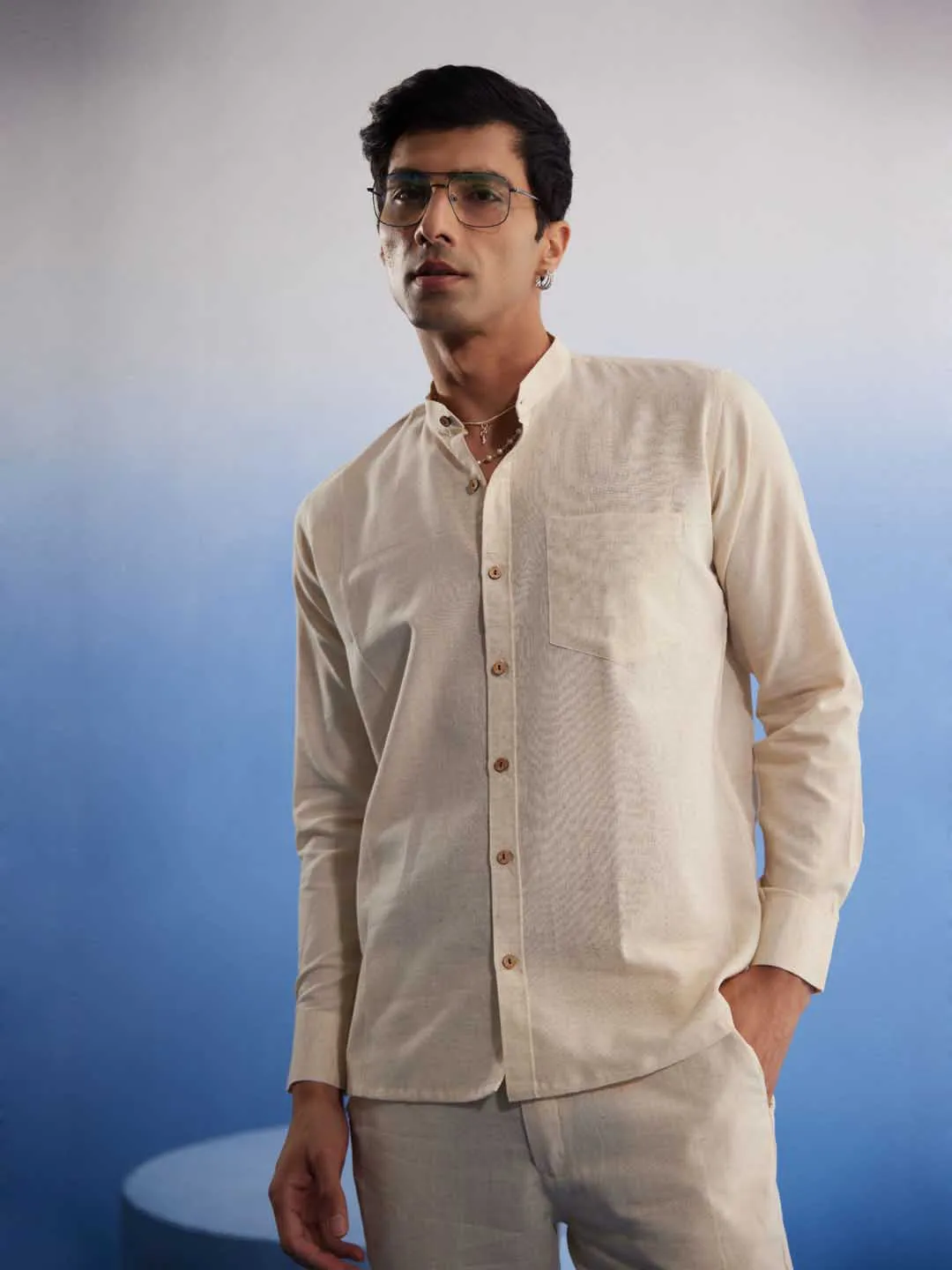 Vastramay Men's Cream Pure Cotton Plain Shirt