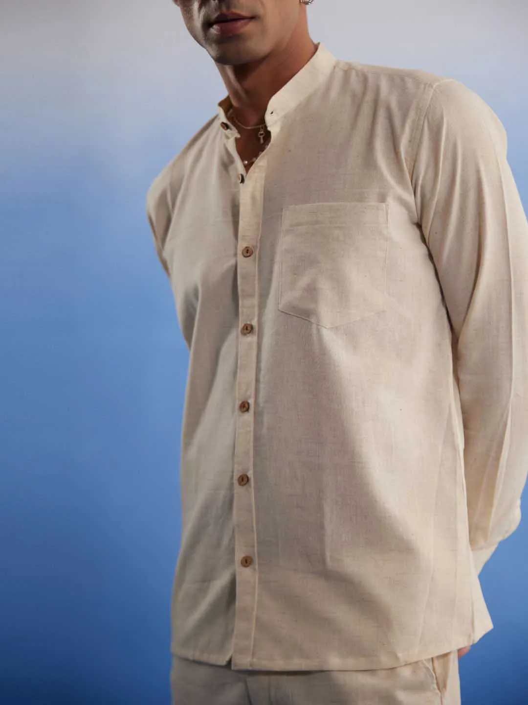 Vastramay Men's Cream Pure Cotton Plain Shirt