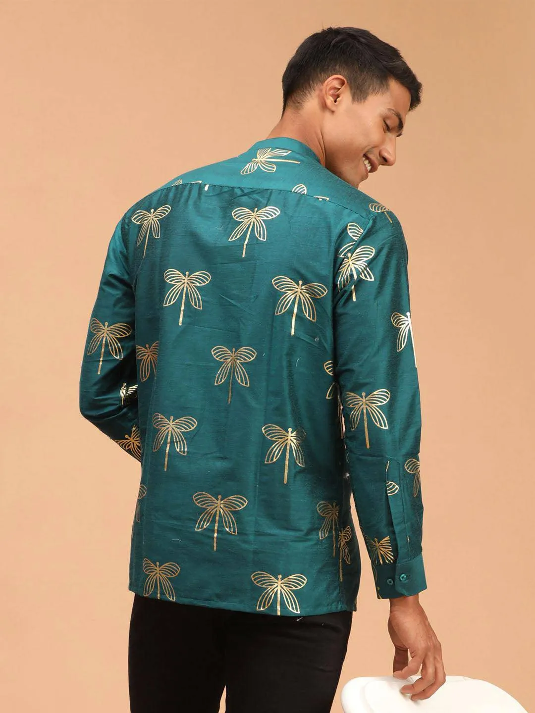 VASTRAMAY Men's Green Foil Print Shirt