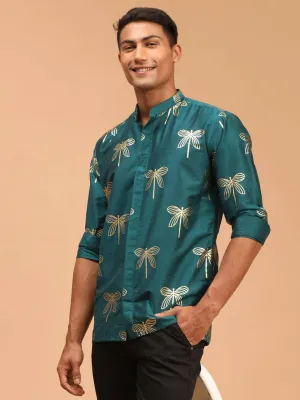 VASTRAMAY Men's Green Foil Print Shirt