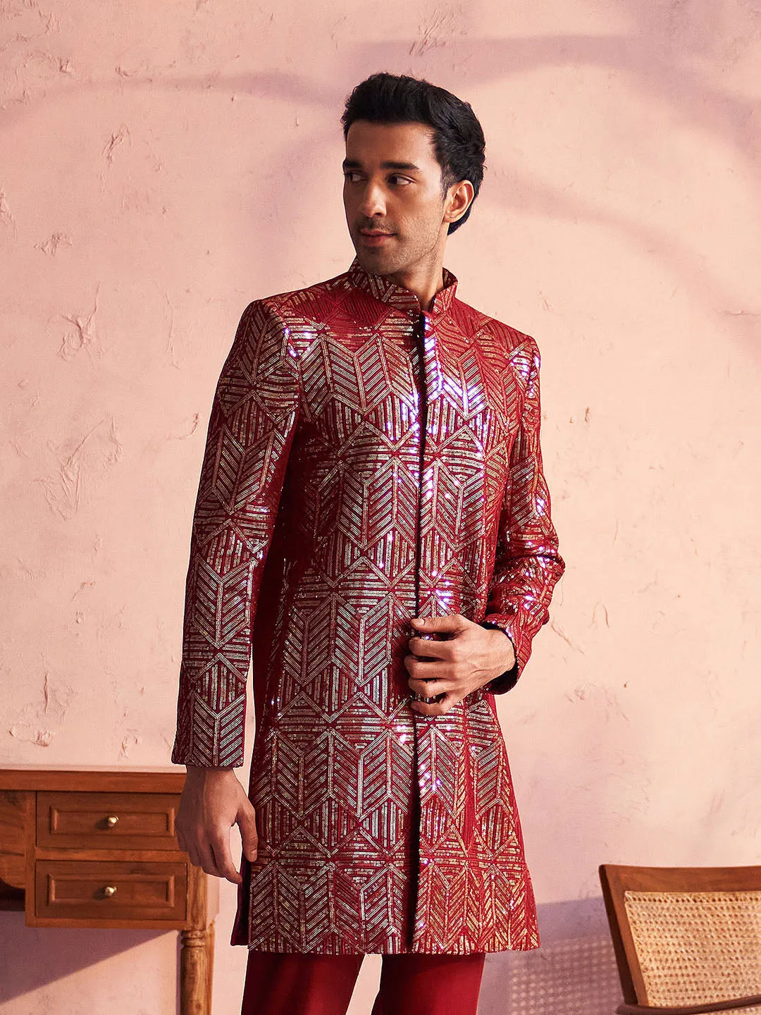 Vastramay Men's Maroon Georgette Sherwani Only Top