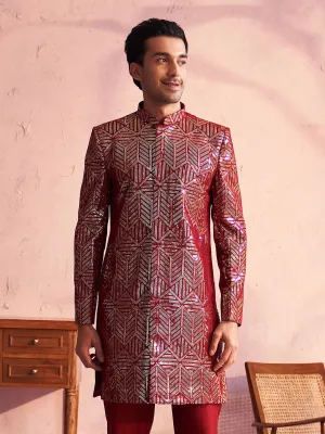 Vastramay Men's Maroon Georgette Sherwani Only Top