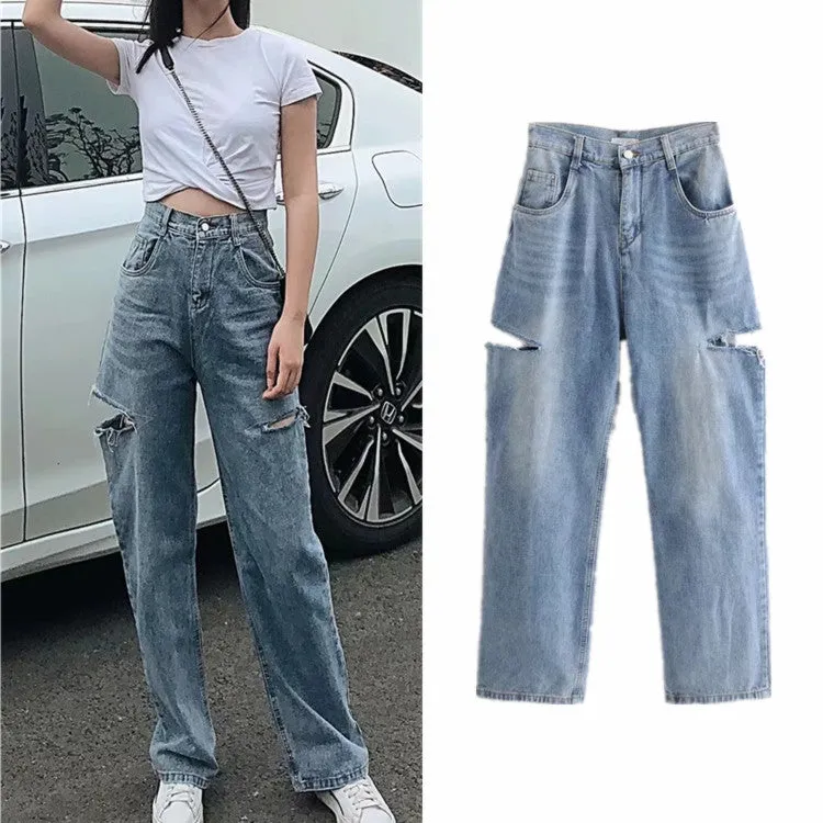 Women Stylish denim jeans high-waisted ripped loose fit wide-legged radish pants Long Trousers