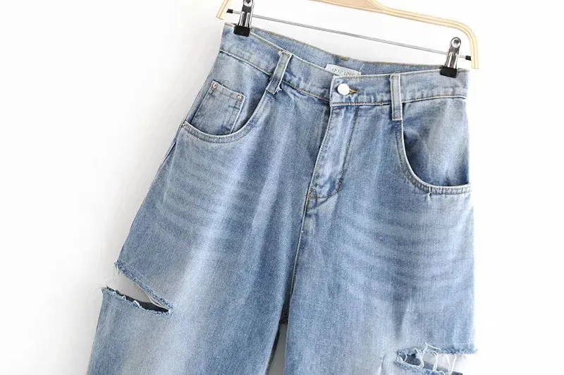 Women Stylish denim jeans high-waisted ripped loose fit wide-legged radish pants Long Trousers