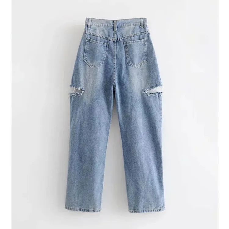 Women Stylish denim jeans high-waisted ripped loose fit wide-legged radish pants Long Trousers