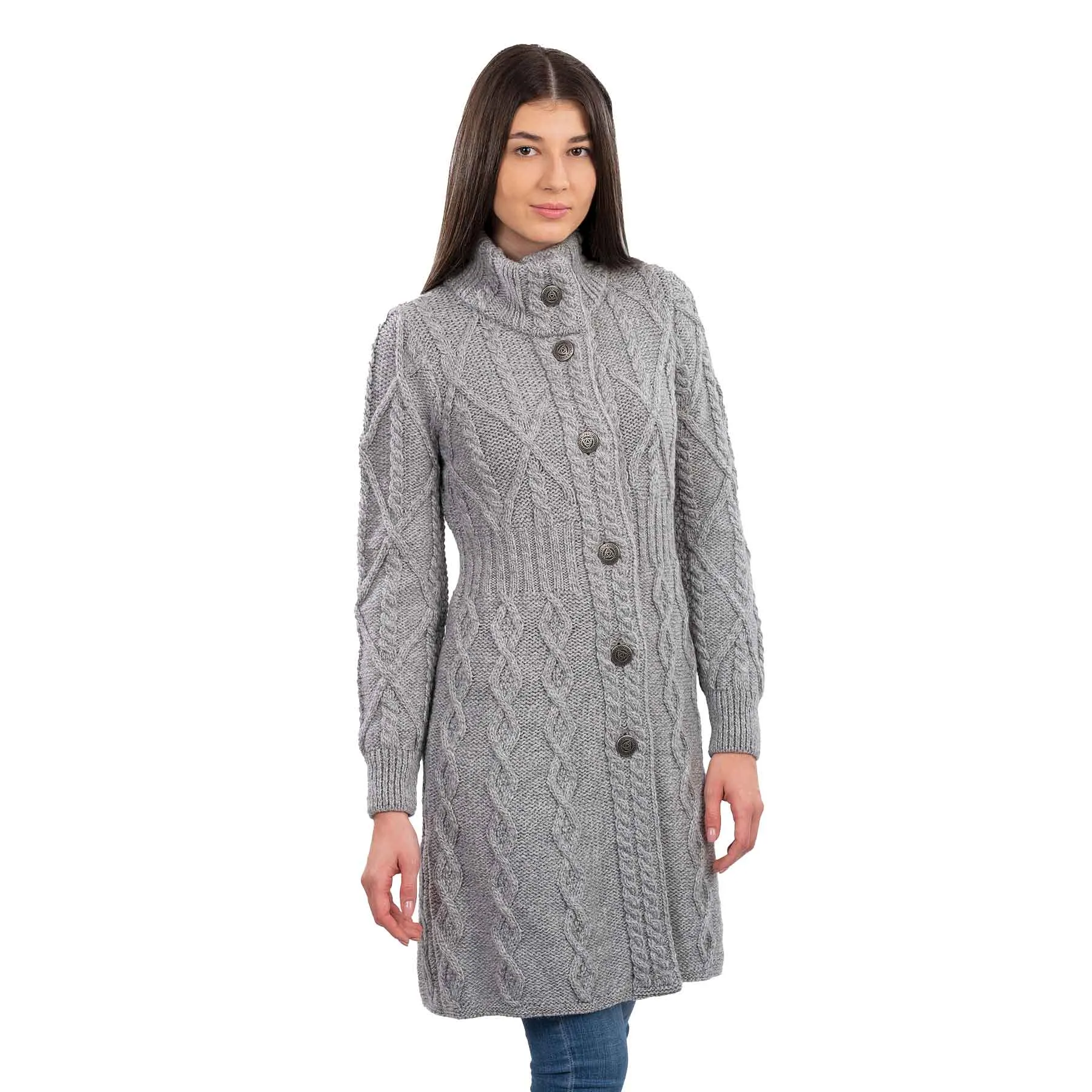 Women's Aran Cable Knit Signature Coat, Grey