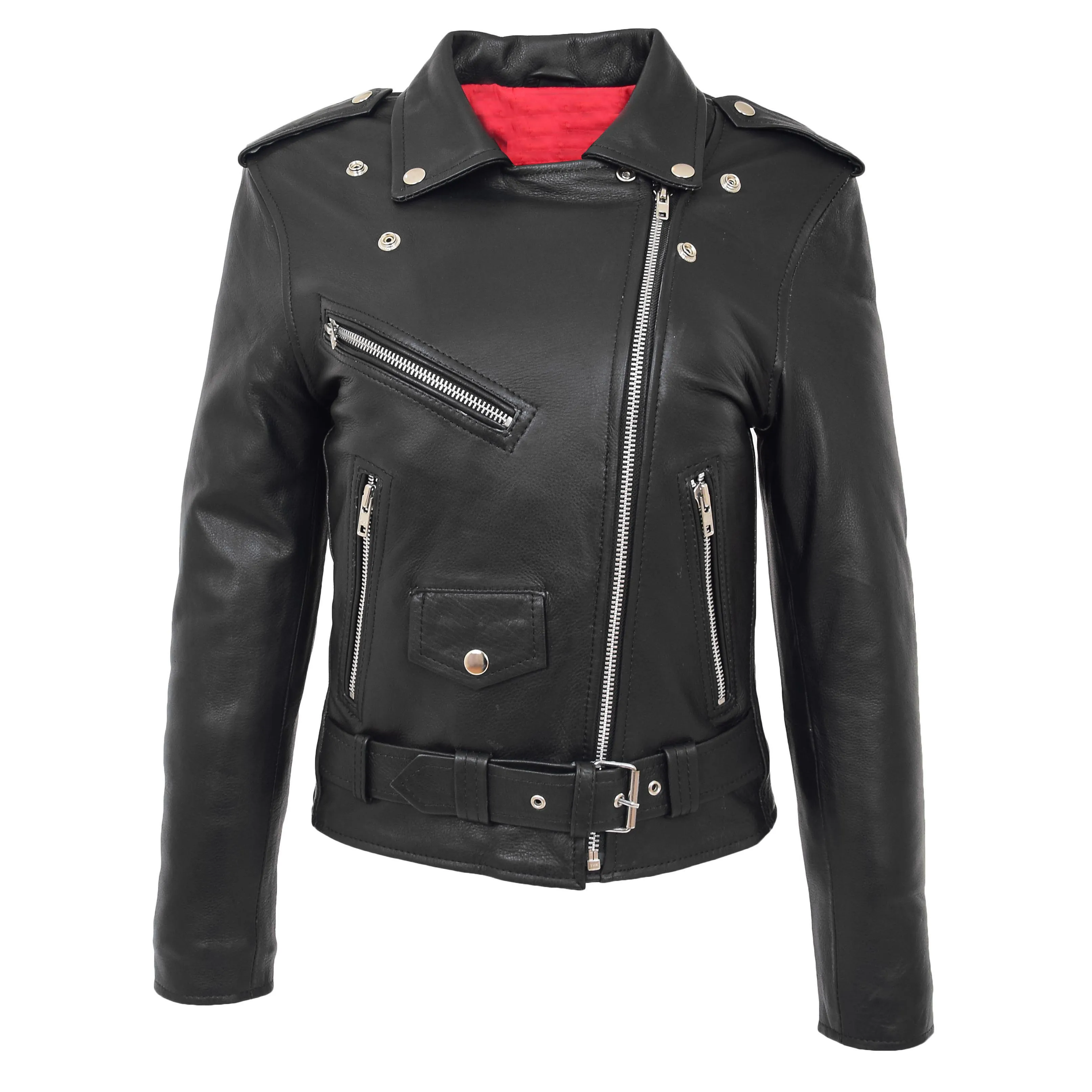 Womens Cowhide Black Biker Jacket Tough Heavy Duty Leather Brando Style Kira