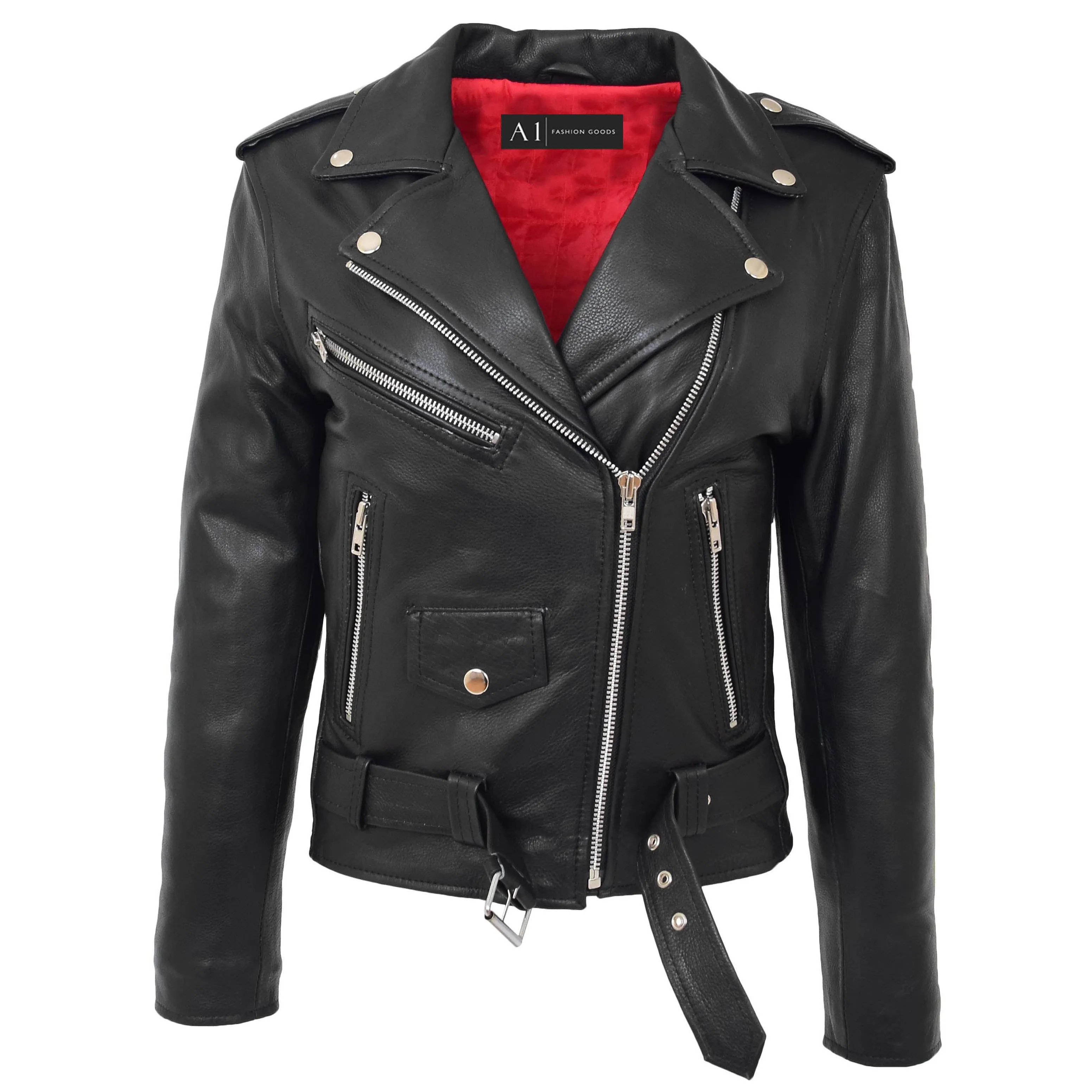 Womens Cowhide Black Biker Jacket Tough Heavy Duty Leather Brando Style Kira