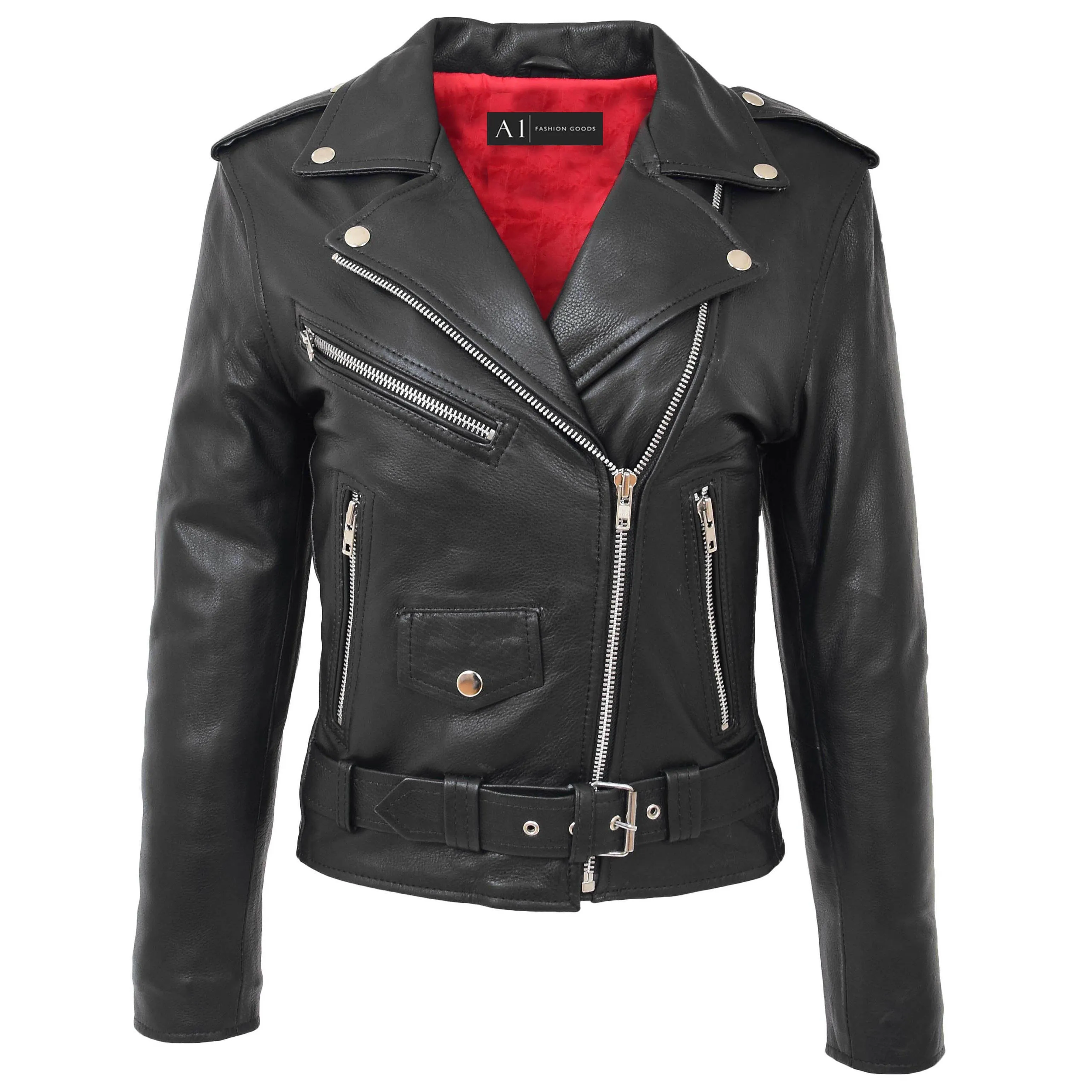 Womens Cowhide Black Biker Jacket Tough Heavy Duty Leather Brando Style Kira