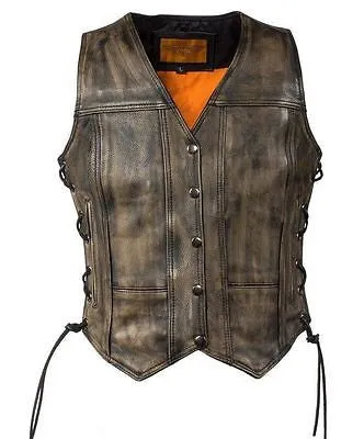 WOMEN'S MOTORCYCLE RIDERS DISTRESSED 8 POCKET LEATHER VEST WITH SIDE LACES