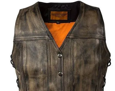 WOMEN'S MOTORCYCLE RIDERS DISTRESSED 8 POCKET LEATHER VEST WITH SIDE LACES