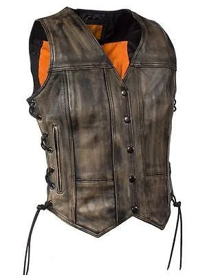 WOMEN'S MOTORCYCLE RIDERS DISTRESSED 8 POCKET LEATHER VEST WITH SIDE LACES