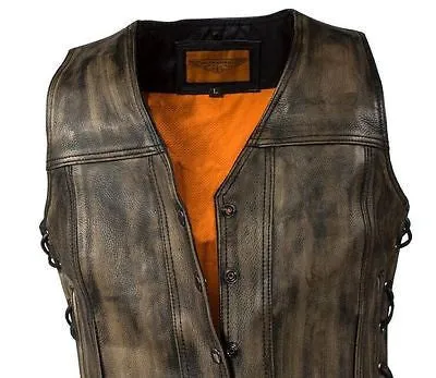 WOMEN'S MOTORCYCLE RIDERS DISTRESSED 8 POCKET LEATHER VEST WITH SIDE LACES