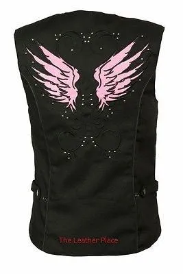 WOMEN'S MOTORCYCLE RIDING PINK TEXTILE VEST W/ STUD & WINGS DETAILING