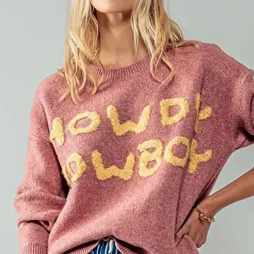 Women's "Howdy Cowboy" Wordy Knit Sweater in Pink